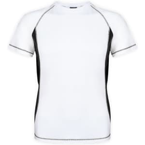 A white adult T-shirt with black side panels and contrast stitching, featuring a logo.