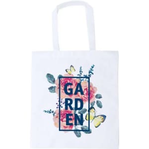 A white tote bag featuring floral designs and a graphic reading "GARDEN" in blue. The bag has two handles.