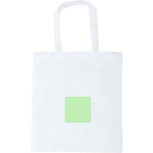 A white sublimation bag with a green blank square section for custom designs. It features two shoulder straps.