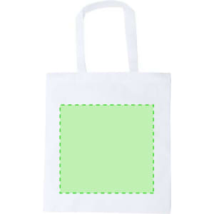 A white sublimation bag with two handles and a green outlined area for design. Features a logo.