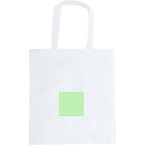 A white tote bag with two handles featuring a blank green square area for design or branding.