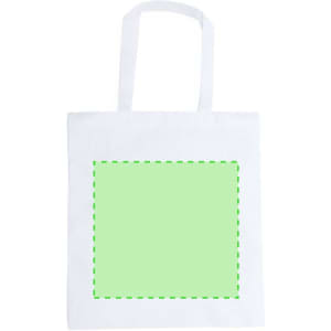 A white tote bag with green accents and an empty square area for custom designs. It features two sturdy handles.