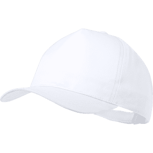 A white trucker cap with a curved brim and adjustable strap at the back, featuring a logo.