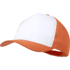An orange and white trucker cap featuring a front panel with a logo. The cap has a classic curved brim and adjustable strap.