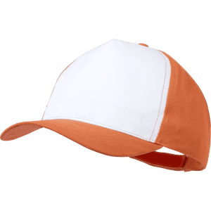 A trucker cap featuring a white front and an orange visor and rear, complete with an adjustable strap.