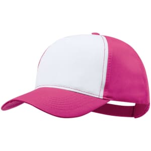 A pink and white trucker cap featuring a structured design and a branded logo.