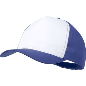 A trucker cap featuring a white front and navy blue peak and back, with a logo on the front.