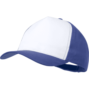 A trucker cap featuring a blue front and white panel, with an adjustable strap at the back.