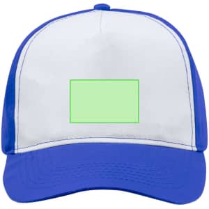 A trucker cap featuring a blue brim and white front panel, with a blank area for custom design and a logo.