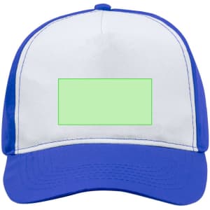 A trucker cap featuring a white front panel and blue visor, with a blank area for customisation.