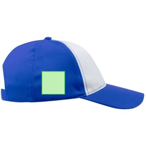 A blue and white trucker cap with a green square patch on the side and a curved brim.