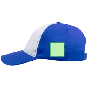 A blue and white trucker cap with a square patch on the side. The cap has a curved brim and a structured crown.