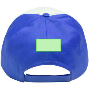 A blue and white trucker cap featuring a blank area for potential branding or labels on the back.