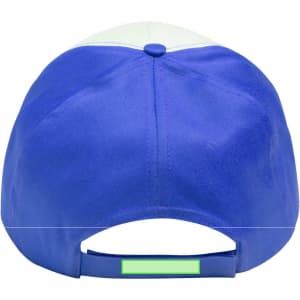 A trucker cap featuring a blue body and white front panel, with an adjustable back strap and a logo.