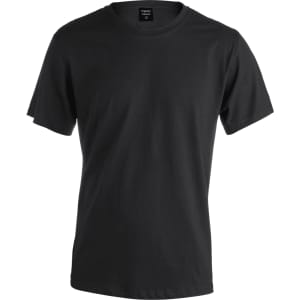 A black premium adult colour t-shirt with a simple design and short sleeves, featuring a logo on the label.