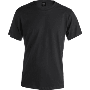 A black Premium Adult Colour T-Shirt featuring a simple design and a logo on the label.