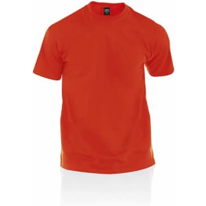 An orange premium adult T-shirt with short sleeves and a simple design. It features a logo on the label.