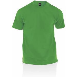 A green premium adult t-shirt with short sleeves and a logo.