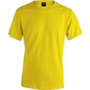 A yellow premium adult T-shirt with a standard crew neck and short sleeves. It features a branding label.