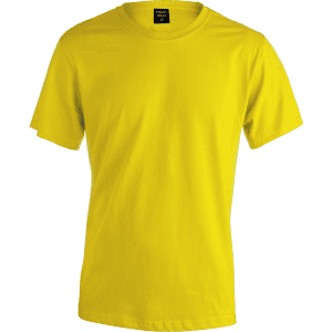 A vibrant yellow premium adult T-shirt, featuring a round neck and short sleeves. It has a logo on the label.