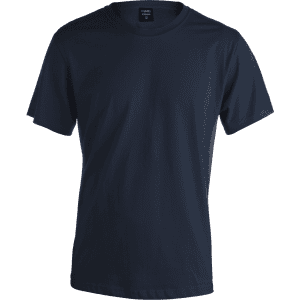 A navy blue premium adult t-shirt featuring a standard crew neck and short sleeves, with a brand logo on the inside.