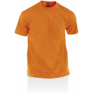 An orange adult t-shirt featuring a round neckline and short sleeves, with a logo on the tag.