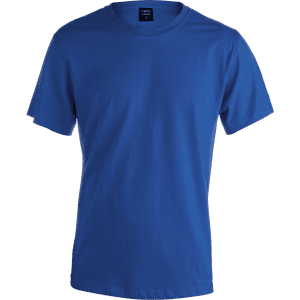 A blue premium adult colour T-shirt with a crew neckline and short sleeves, featuring a logo on the label.