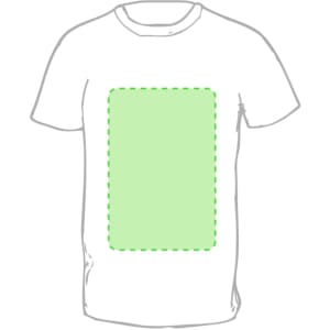 A white adult T-shirt with a green outlined rectangle in the centre. The shirt has a logo or branding.