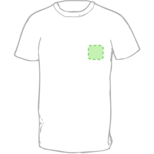 A plain white premium adult t-shirt featuring a pocket area outlined in green. The shirt has a logo on it.