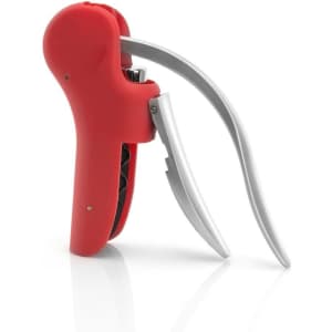 A red corkscrew with silver handle, featuring a built-in bottle opener and a branding logo.