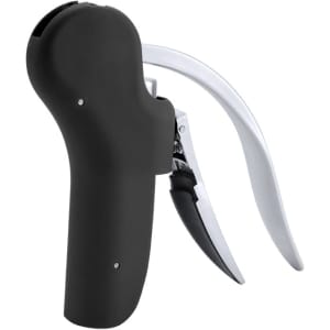 A black corkscrew with a sleek handle and lever mechanism, featuring a metallic spiral and built-in branding.
