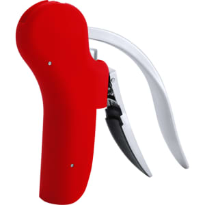 A red corkscrew with a white lever and black handle features a logo. Ideal for opening wine bottles.