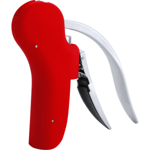 A red corkscrew with a lever handle and a metal corkscrew tip, featuring a logo on the body.