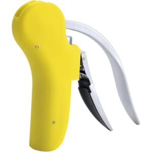 A yellow Trolex corkscrew with a white lever and black mechanism, designed for opening wine bottles.