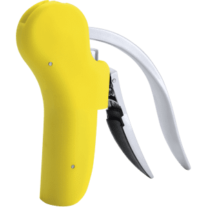 A yellow corkscrew with a curved lever and a sleek design, featuring a black component and a small logo.