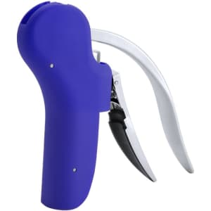 A purple corkscrew with a silver lever and a black handle, featuring a logo. Ideal for opening bottles.