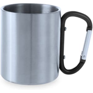 A stainless steel mug with a black carabiner handle and a sleek, smooth finish.