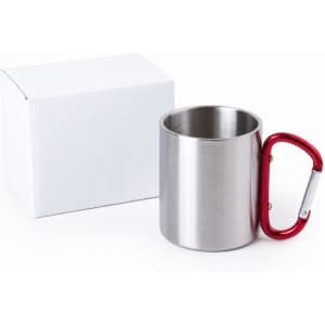 A stainless steel mug with a red carabiner handle, accompanied by a white cardboard box.