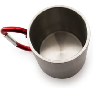A stainless steel mug with a red carabiner handle, featuring a smooth interior.
