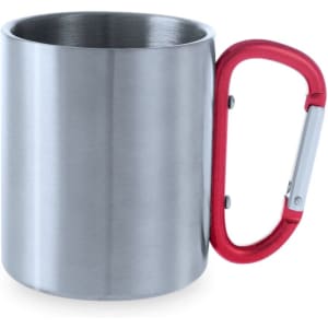 A stainless steel mug with a red carabiner-style handle and a simple design, featuring a logo.