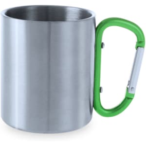 A stainless steel coffee mug with a green carabiner-style handle. It features a simple and modern design.
