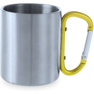 A coffee mug featuring a stainless steel body and a yellow carabiner-style handle. It has a simple design and a logo.
