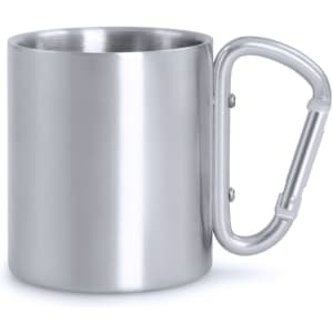 A stainless steel mug with a carabiner handle and a sleek, minimalist design. It features a logo.