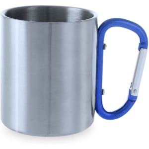 A stainless steel mug with a blue carabiner-style handle and a sleek, shiny finish.