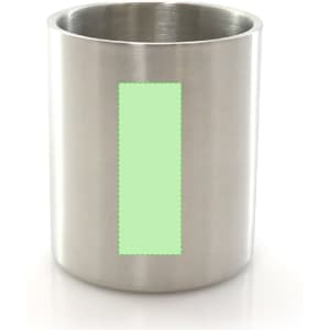 A stainless steel mug with a sleek design and a blank space for customisation.