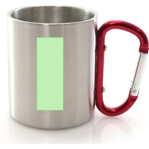 A stainless steel coffee mug with a shiny finish and a red carabiner-style handle. It features a blank area for customisation.