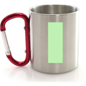 A stainless steel mug with a red carabiner handle and a blank area for customisation.