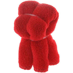 A red absorbent towel folded into a compact shape, featuring a logo, ideal for gym use.