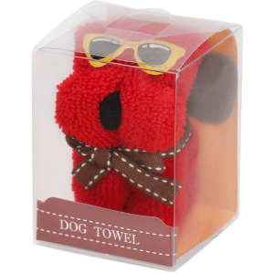 A red dog towel packaged in a clear box, designed with sunglasses and a brown bow.