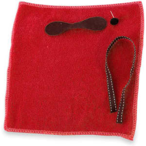 A red absorbent towel featuring a loop and button for storage or hanging. It has a soft, textured fabric.